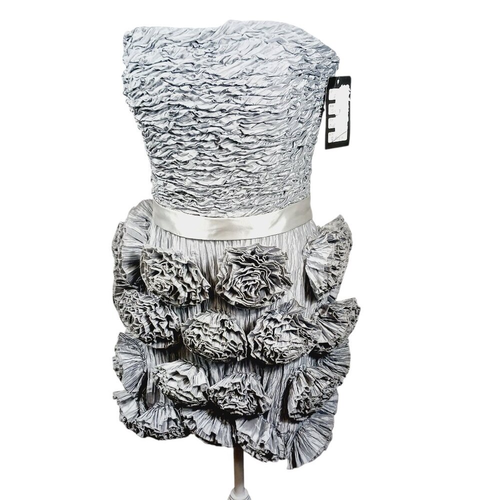 Runway Fashion Couture, NWT, Elegant Silver Mini Dress, Size 8, 3D Floweret's - Picture 4 of 16